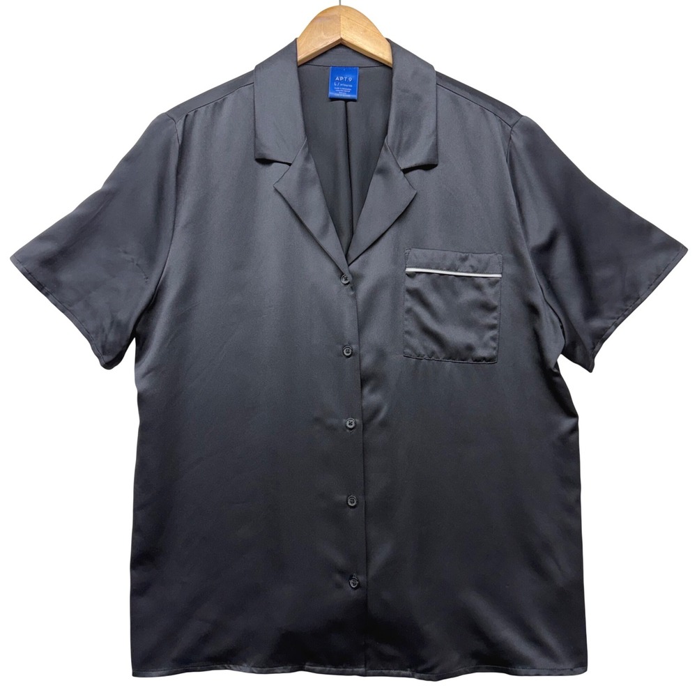Apt. 9 Intimates Womens Large Black Satin Pajama Top Button Down Short Sleeve